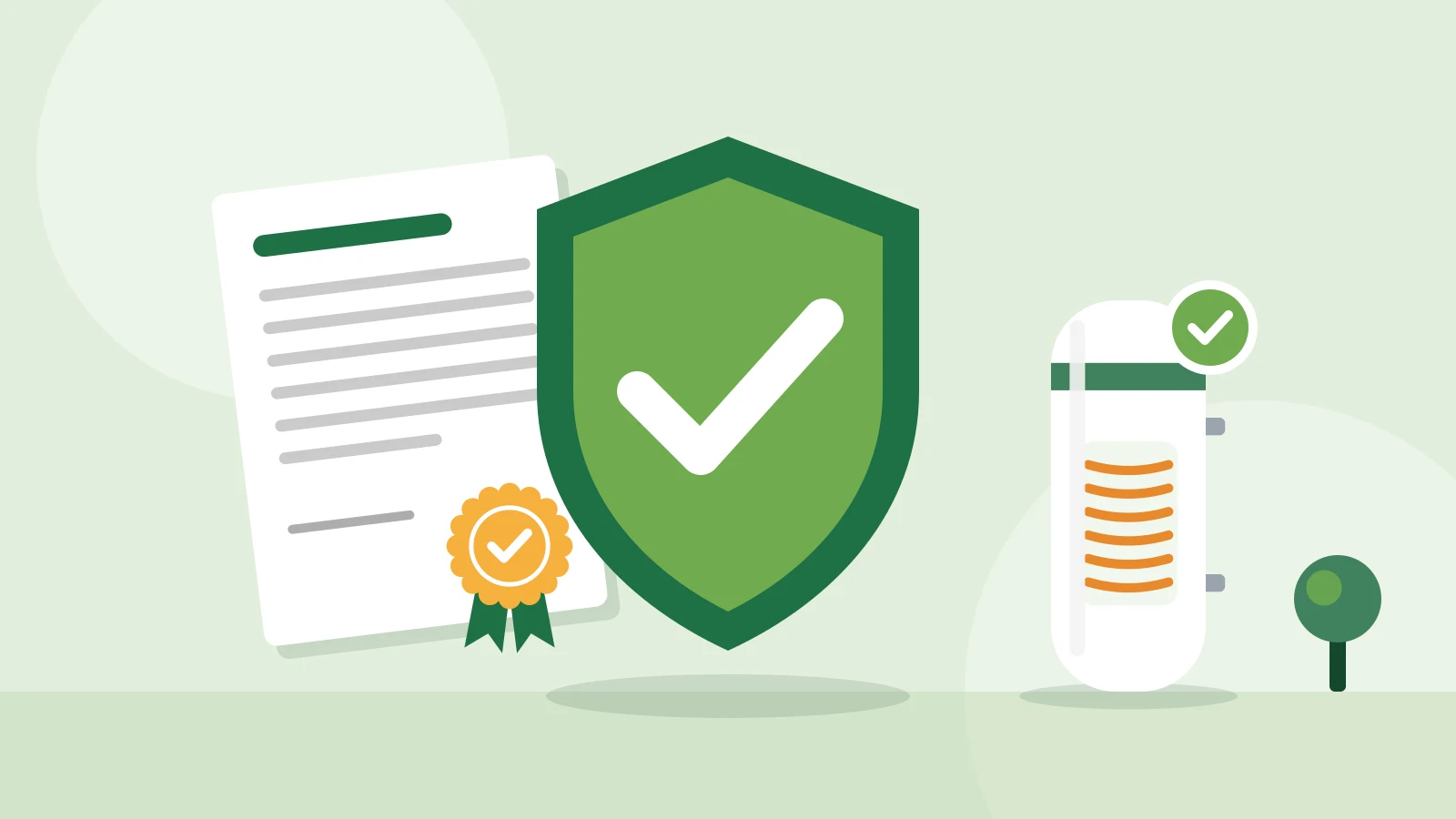 Illustration of a quality shield with a tick, a certificate with a rosette, and a hot water cylinder