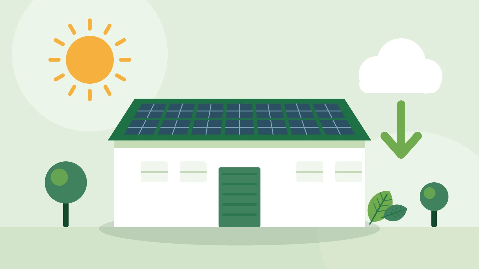 Illustration of a factory with solar panels on its roof, and an arrow showing emissions coming down