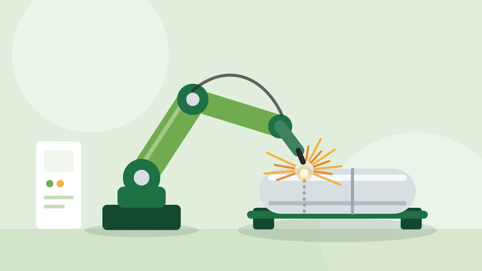 Illustration of a robotic arm welding the seam of a stainless steel vessel