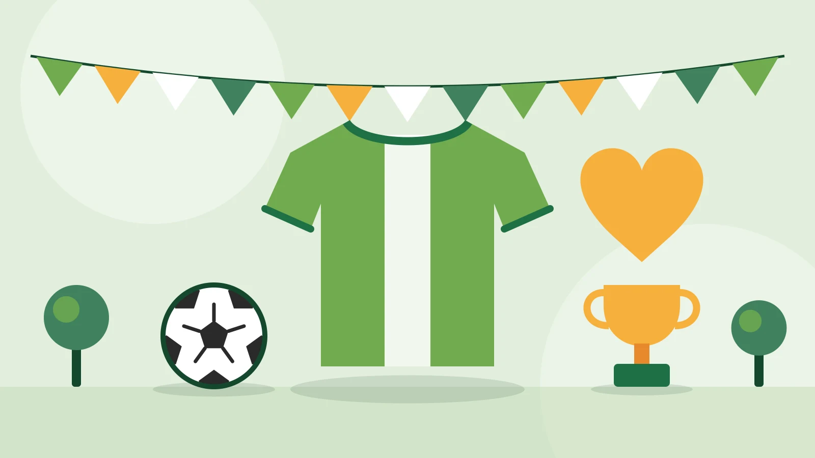 Illustration of a team shirt, a football, a trophy and a heart under bunting