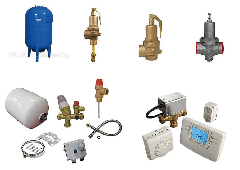 Collection of genuine World Heat Cylinders spare parts and components, including immersion heaters, thermostats, and valves.