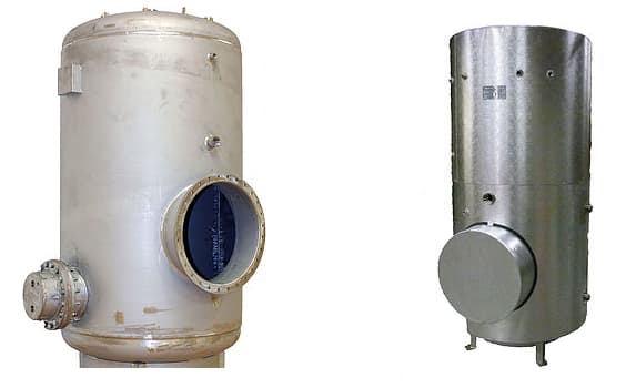Commercial calorifier with large inspection manway for maintenance, by World Heat Cylinders.