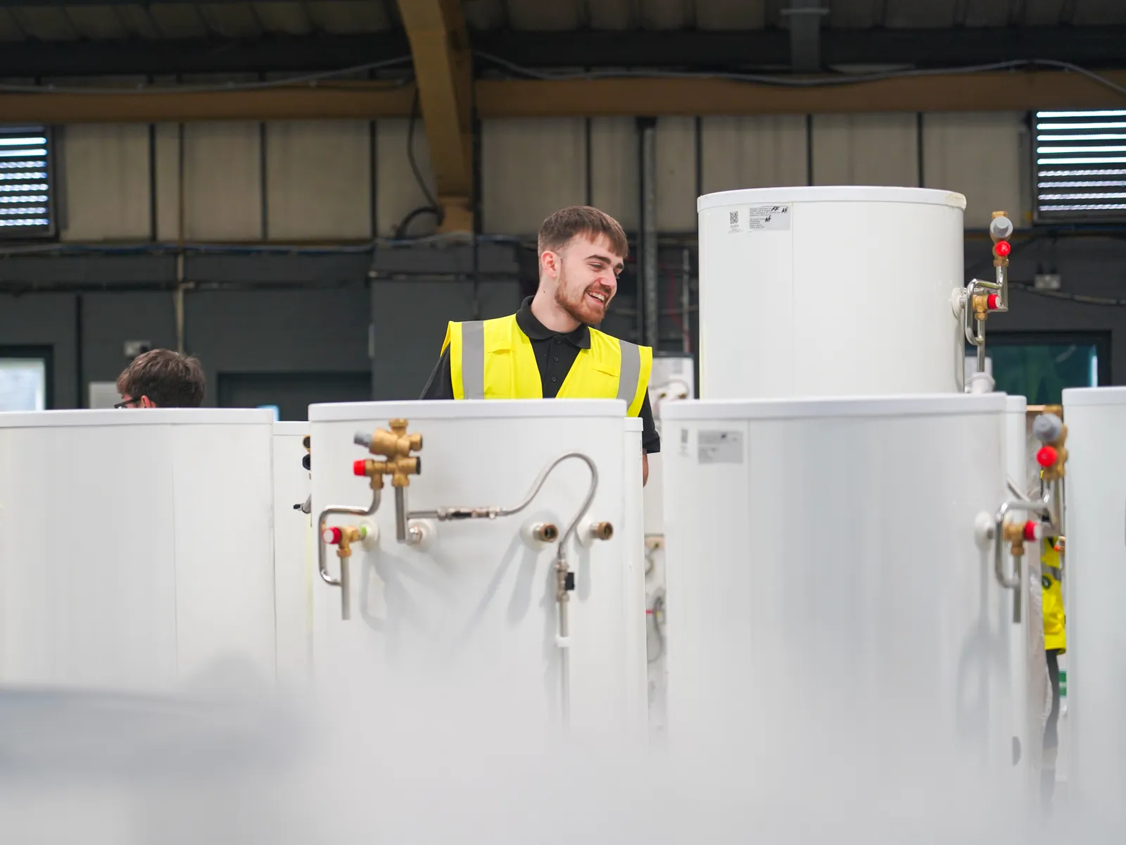 Finished domestic hot water cylinders on the production floor