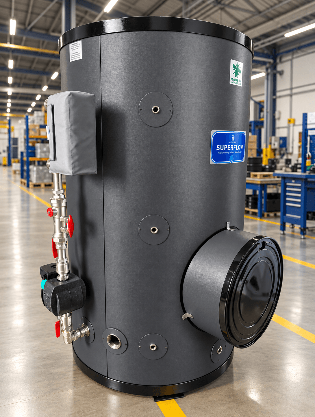 World Heat Cylinders Gasketed Plate Heat Exchanger (GPHE) with blue frame, for industrial and commercial applications.